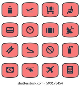 Set Of 16 Simple Transportation Icons. Can Be Found Such Elements As Watch, Baggage Cart, Air Transport And Other.