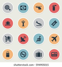 Set Of 16 Simple Transportation Icons. Can Be Found Such Elements As Credit Card, Alighting Plane, Currency And Other.