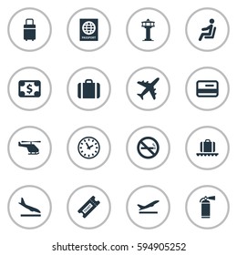 Set Of 16 Simple Transportation Icons. Can Be Found Such Elements As Protection Tool, Handbag, Seat.