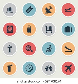 Set Of 16 Simple Transportation Icons. Can Be Found Such Elements As Travel Bag, Plane, Global Research And Other.