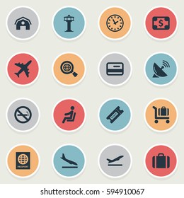 Set Of 16 Simple Transportation Icons. Can Be Found Such Elements As Flight Control Tower, Baggage Cart, Takeoff And Other.