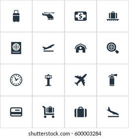 Set Of 16 Simple Transportation Icons. Can Be Found Such Elements As Flight Control Tower, Alighting Plane, Luggage Carousel And Other.