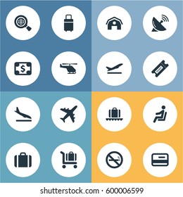 Set Of 16 Simple Transportation Icons. Can Be Found Such Elements As Handbag, Takeoff, Alighting Plane.