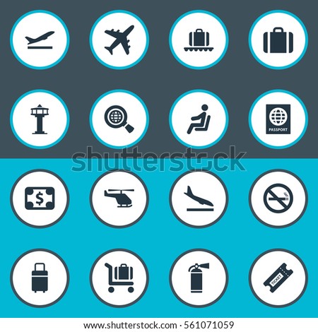 Set Of 16 Simple Transportation Icons. Can Be Found Such Elements As Certificate Of Citizenship, Currency, Plane And Other.