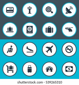 Set Of 16 Simple Travel Icons. Can Be Found Such Elements As Alighting Plane, Baggage Cart, Travel Bag And Other.