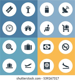 Set Of 16 Simple Travel Icons. Can Be Found Such Elements As Certificate Of Citizenship, Flight Control Tower, Alighting Plane And Other.