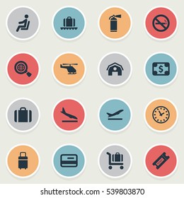 Set Of 16 Simple Travel Icons. Can Be Found Such Elements As Alighting Plane, Garage, Seat And Other.