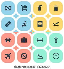 Set Of 16 Simple Travel Icons. Can Be Found Such Elements As Certificate Of Citizenship, Travel Bag, Handbag.