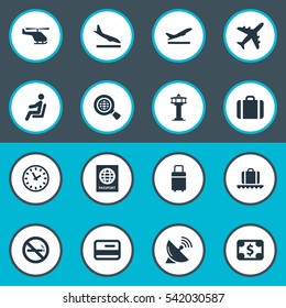 Set Of 16 Simple Travel Icons. Can Be Found Such Elements As Alighting Plane, Antenna, Air Transport And Other.