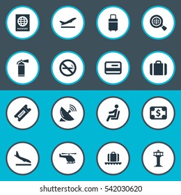 Set Of 16 Simple Travel Icons. Can Be Found Such Elements As Travel Bag, Flight Control Tower, Coupon And Other.