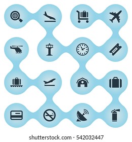 Set Of 16 Simple Travel Icons. Can Be Found Such Elements As Takeoff, Protection Tool, Alighting Plane And Other.