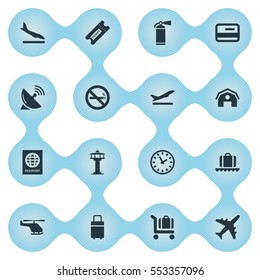 Set Of 16 Simple Travel Icons. Can Be Found Such Elements As Takeoff, Certificate Of Citizenship, Alighting Plane And Other.