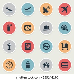 Set Of 16 Simple Travel Icons. Can Be Found Such Elements As Travel Bag, Plane, Certificate Of Citizenship And Other.