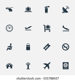 Set Of 16 Simple Travel Icons. Can Be Found Such Elements As Cigarette Forbidden, Luggage Carousel, Antenna And Other.