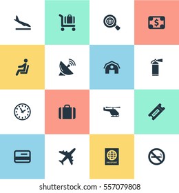 Set Of 16 Simple Travel Icons. Can Be Found Such Elements As Cigarette Forbidden, Plane, Alighting Plane And Other.