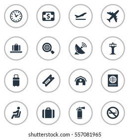 Set Of 16 Simple Travel Icons. Can Be Found Such Elements As Flight Control Tower, Handbag, Takeoff.
