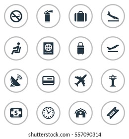Set Of 16 Simple Travel Icons. Can Be Found Such Elements As Watch, Certificate Of Citizenship, Travel Bag And Other.