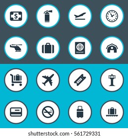 Set Of 16 Simple Travel Icons. Can Be Found Such Elements As Credit Card, Protection Tool, Certificate Of Citizenship And Other.