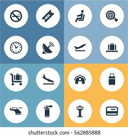 Set Of 16 Simple Travel Icons. Can Be Found Such Elements As Watch, Luggage Carousel, Alighting Plane And Other.