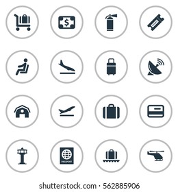 Set Of 16 Simple Travel Icons. Can Be Found Such Elements As Coupon, Protection Tool, Luggage Carousel And Other.
