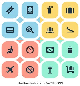 Set Of 16 Simple Travel Icons. Can Be Found Such Elements As Handbag, Protection Tool, Certificate Of Citizenship.