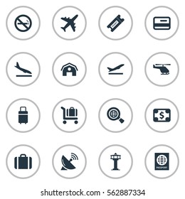 Set Of 16 Simple Travel Icons. Can Be Found Such Elements As Alighting Plane, Flight Control Tower, Global Research And Other.