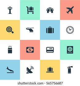 Set Of 16 Simple Travel Icons. Can Be Found Such Elements As Watch, Protection Tool, Alighting Plane And Other.