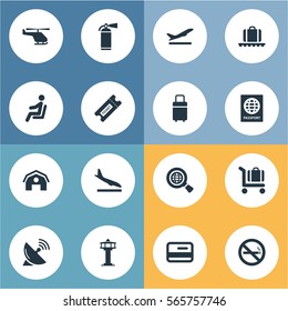 Set Of 16 Simple Travel Icons. Can Be Found Such Elements As Flight Control Tower, Cigarette Forbidden, Seat And Other.