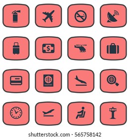 Set Of 16 Simple Travel Icons. Can Be Found Such Elements As Travel Bag, Air Transport, Alighting Plane And Other.