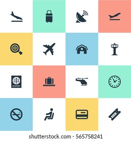 Set Of 16 Simple Travel Icons. Can Be Found Such Elements As Plane, Alighting Plane, Coupon And Other.