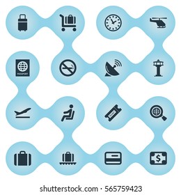 Set Of 16 Simple Travel Icons. Can Be Found Such Elements As Takeoff, Baggage Cart, Watch And Other.