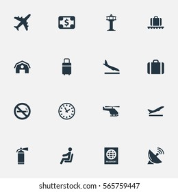 Set Of 16 Simple Travel Icons. Can Be Found Such Elements As Handbag, Watch , Alighting Plane.