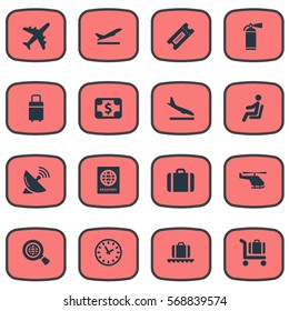 Set Of 16 Simple Travel Icons. Can Be Found Such Elements As Alighting Plane, Takeoff, Baggage Cart And Other.