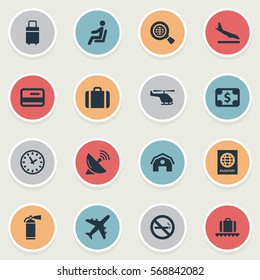 Set Of 16 Simple Travel Icons. Can Be Found Such Elements As Alighting Plane, Watch, Seat And Other.