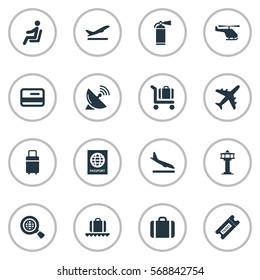 Set Of 16 Simple Travel Icons. Can Be Found Such Elements As Antenna, Alighting Plane, Global Research And Other.