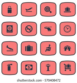 Set Of 16 Simple Travel Icons. Can Be Found Such Elements As Alighting Plane, Watch, Seat And Other.