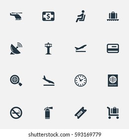 Set Of 16 Simple Travel Icons. Can Be Found Such Elements As Watch, Baggage Cart, Alighting Plane And Other.