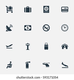 Set Of 16 Simple Travel Icons. Can Be Found Such Elements As Seat, Garage, Alighting Plane And Other.