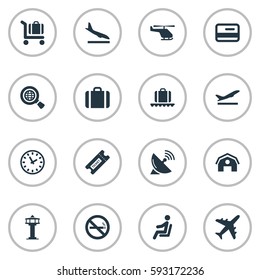 Set Of 16 Simple Travel Icons. Can Be Found Such Elements As Global Research, Alighting Plane, Takeoff And Other.