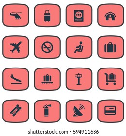 Set Of 16 Simple Travel Icons. Can Be Found Such Elements As Plane, Handbag, Alighting Plane.