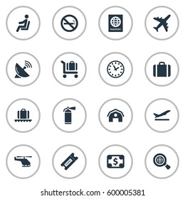Set Of 16 Simple Travel Icons. Can Be Found Such Elements As Watch, Cigarette Forbidden, Global Research And Other.