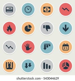 Set Of 16 Simple Trouble Icons. Can Be Found Such Elements As Graph Decreases, Fire, Down Cursor And Other.
