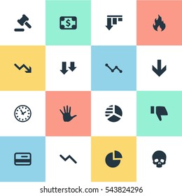 Set Of 16 Simple Trouble Icons. Can Be Found Such Elements As Circular Diagram, Graph Decreases, Fire And Other.