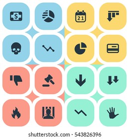 Set Of 16 Simple Trouble Icons. Can Be Found Such Elements As Bankroll, Graph Decreases, Bar Graph And Other.