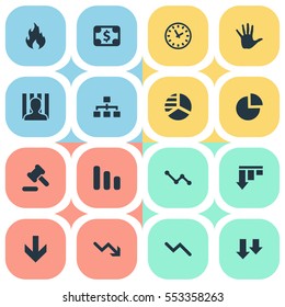 Set Of 16 Simple Trouble Icons. Can Be Found Such Elements As Net, Fire, Graph Decreases And Other.