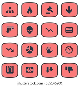 Set Of 16 Simple Trouble Icons. Can Be Found Such Elements As Descending, Net, Bar Graph And Other.