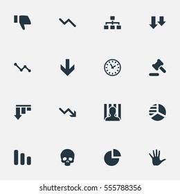 Set Of 16 Simple Trouble Icons. Can Be Found Such Elements As Line Chart, Palm, Descending And Other.