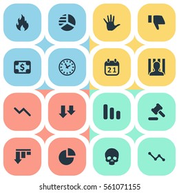 Set Of 16 Simple Trouble Icons. Can Be Found Such Elements As Tribunal, Fire, Head Bone And Other.