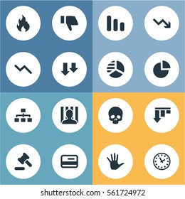 Set Of 16 Simple Trouble Icons. Can Be Found Such Elements As Finger Below, Tribunal, Round Graph And Other.
