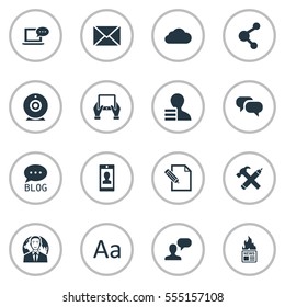 Set Of 16 Simple User Icons. Can Be Found Such Elements As Broadcast, Gazette, Laptop And Other.